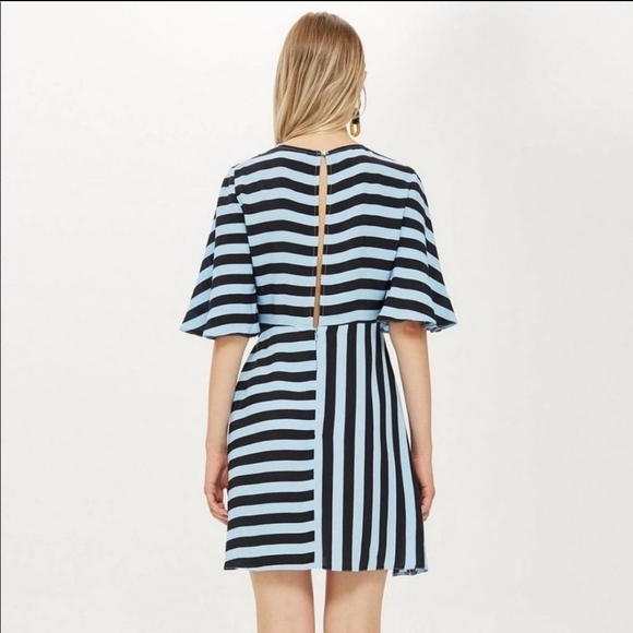 TopShop Diagonal Striped Mini Fit and Flare Dress in Baby Blue and Navy - Picture 3 of 7
